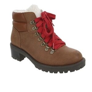 NIB Sugar Casual Boots COGNAC - Cognac & Red Contrast-Lace Bootie Size 8.5